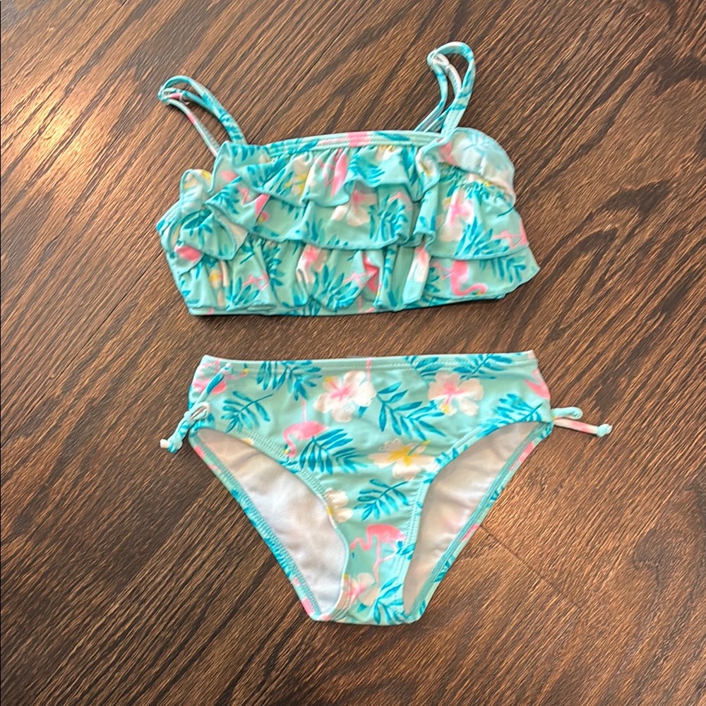 Blue and Pink Tropical Bikini with Ruffled Top and Adjustable Straps